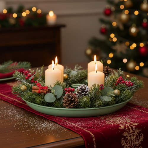 kohteita Kynttilälautanen Adventtiseppele vihreä neljällä kynttilänjalalla 24cm