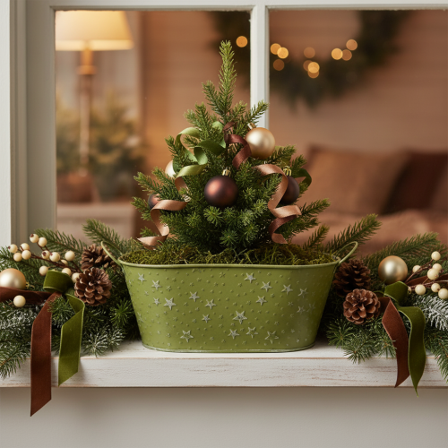 Soikea metallikulho tähdillä ja kahvoilla, vihreä, 31 × 16 cm, korkeus 12,5 cm | Floristik24.fi