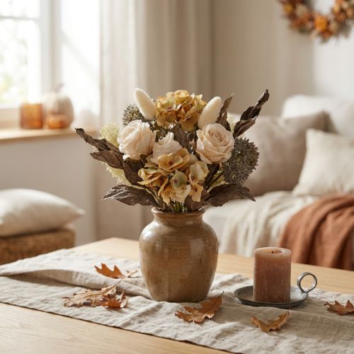 Tekokukkien kimppu, ruusu, hortensia, kuiva ilme, vintage-koristelu, 38 cm | Floristik24.fi