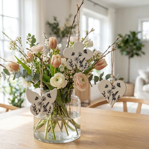 Koristeellinen ripustin sydänkukka perhonen valkoinen luonnollinen 9cm 3kpl | Floristik24.fi