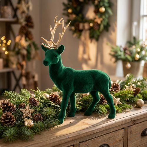 Hirvi seisoo deco-figuuri vihreä kultainen pöytäkoriste adventti 27cm | Floristik24.fi