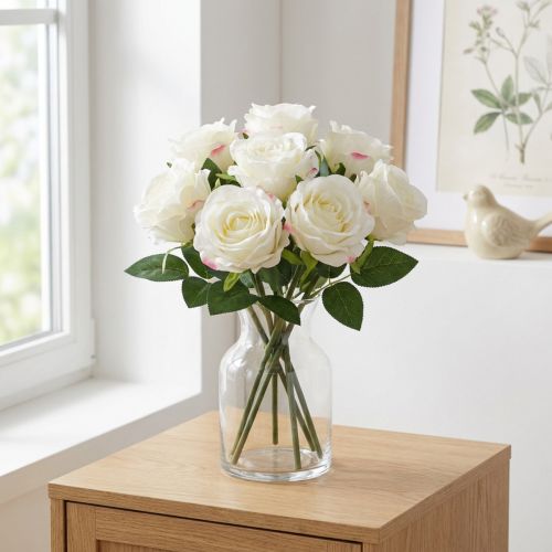 Keinotekoisia ruusuja nippuna valkoinen 30cm 8 kpl | Floristik24.fi