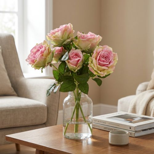 Keinotekoinen ruusupensas vihreä, pinkki 55cm | Floristik24.fi