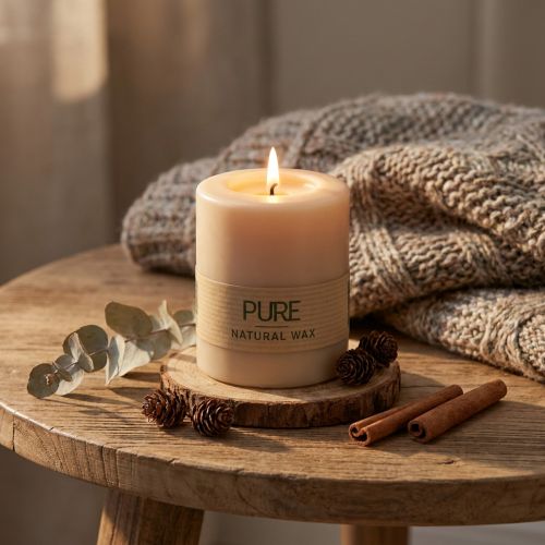 PURE Pillar Candle Beige Wenzel Kynttilät Vaaleanruskea 90/70mm | Floristik24.fi