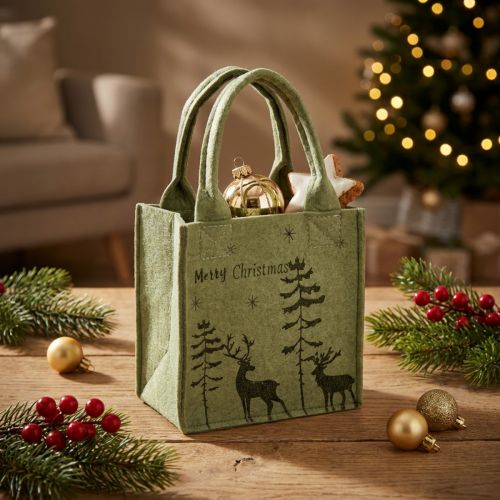 Huopakassi Merry Christmas pieni kahvoilla Vihreä 15×10cm | Floristik24.fi