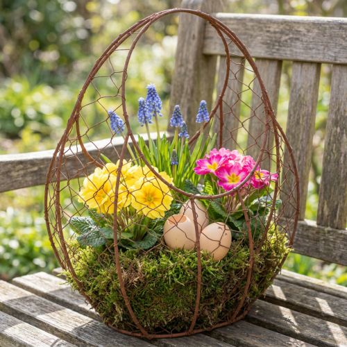 Metallikori, metallinen istutusastia, kevätkoriste, pääsiäiskori, ruskea, ruosteenvärinen, K34cm P30cm | Floristik24.fi