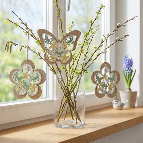 Perhonen ripustettava, puinen riipus kukka, kevätkoristeet glitterillä H11/14,5cm 4kpl | Floristik24.fi