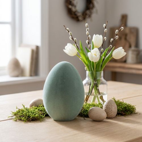 Pääsiäismuna koristemuna harmaa-vihreä muovi flokoitu 20cm | Floristik24.fi
