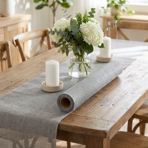 kohteita Pöytälista harmaa juutilla, koristekangas 29×450cm - Tyylikäs pöytäjalka juhlapöydän koristeluun