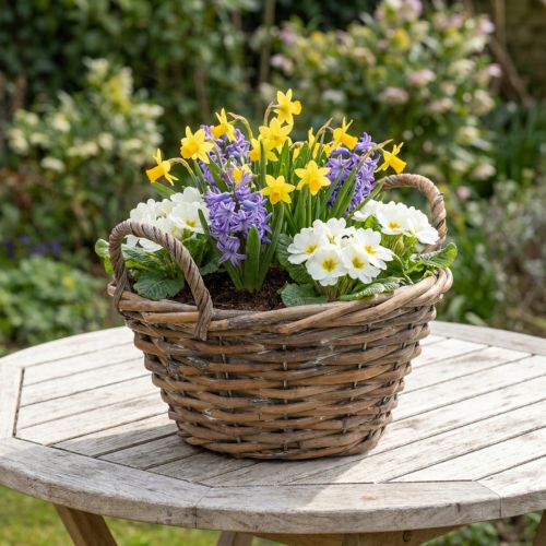 Kukkakoristeet, puinen kori kahvoilla, luonnonkasvi, valkoinen pesty K12cm Ø24cm | Floristik24.fi