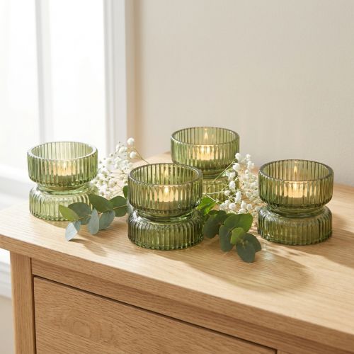 Lasiset tuikkukupit, koristeelliset, uurretut, vihreät, Ø9cm, K7cm, 4 kpl | Floristik24.fi