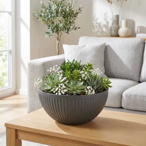 Kukkaruukku, muovikulho, uritettu, antrasiitti, Ø30cm | Floristik24.fi