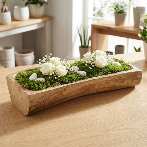 Puinen koriste syvennyksellä, koristeellinen kulho, puuta, 40 × 13–16 cm × 6,5 cm | Floristik24.fi