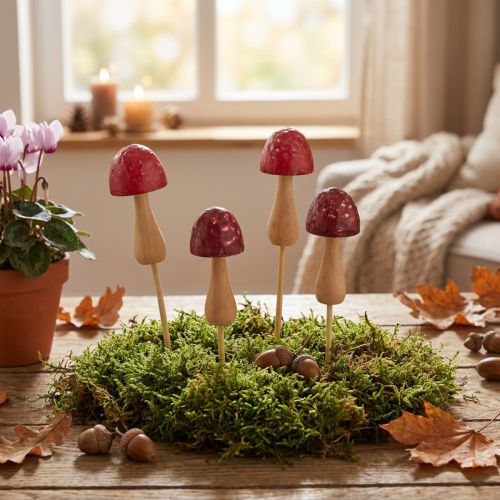 Kukkaseppeleet, sienikuvio, puiset seipät, punainen, Ø2,5 cm, 8 kpl | Floristik24.fi