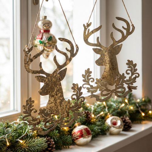 Poro ripustettavaksi, joulukoristeita, peuran pää, metalliriipus kultainen antiikki look H23cm 2 kpl | Floristik24.fi