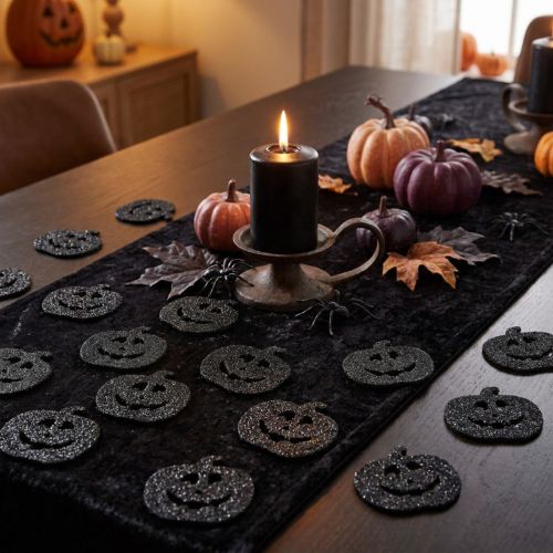 Halloween-kurpitsan koristeet, 4 cm, musta, kimalle, 72 palaa | Floristik24.fi