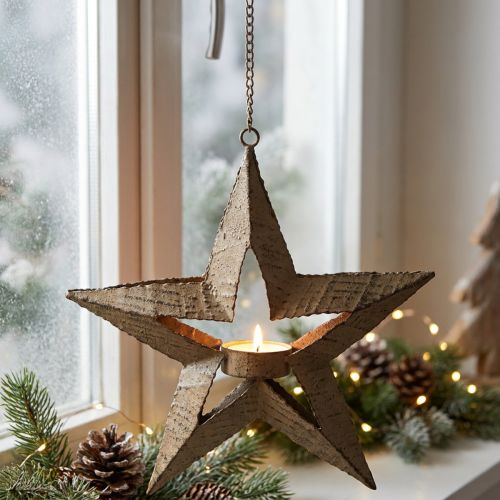 Teekynttilänjalka metallinen joulutähti koristeena beige 22,5cm | Floristik24.fi