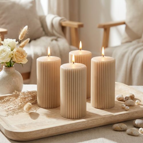 Pylväskynttilät, beige, uritettu, 70/130 mm, 4 kpl | Floristik24.fi