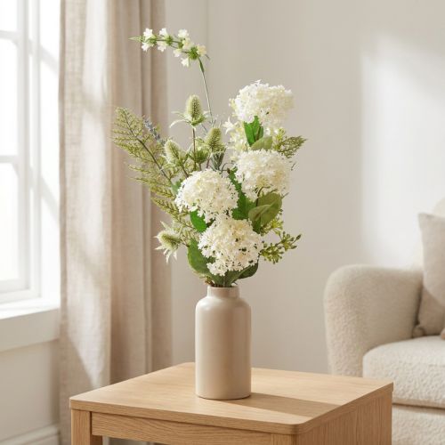kohteita Tekokukkakimppu: lumipallopensas, villitee, saniainen, 65 cm - koriste, luonnollinen ilme, helppohoitoinen