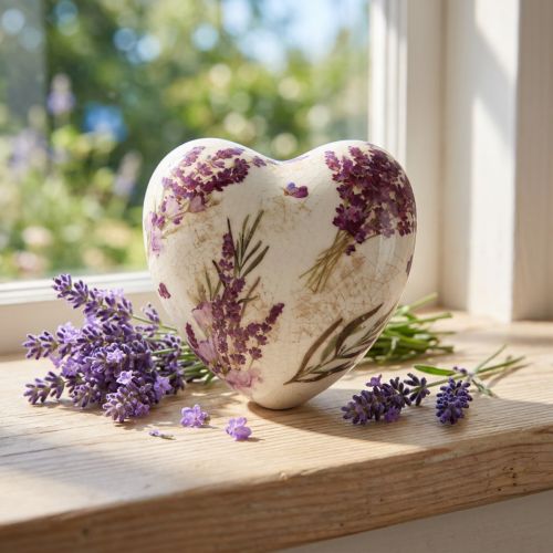 Sydämenmuotoinen keraaminen koriste, laventelinvärinen vintage-kivitavara, 10,5 cm | Floristik24.fi