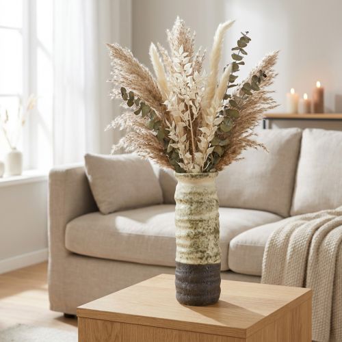 Keraaminen maljakko kuivakukille, kermanvärinen, harmaanvihreä, korkeus 34 cm | Floristik24.fi