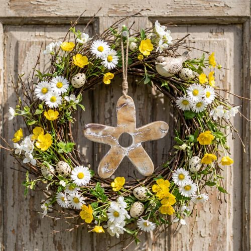 Kukka ripustettavaksi, puinen koristelu kuvioinnilla, kevätkoriste luonnollinen, valkoinen H19,5cm | Floristik24.fi