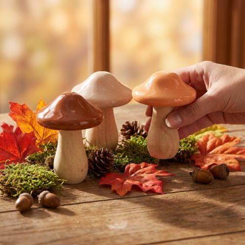 Koristeelliset puiset sienet, ruskea, beige, oranssi, Ø7,5 cm, K10 cm, 3 kpl | Floristik24.fi