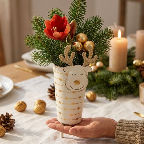 Poro Kasvi Ruukku, Adventti Koriste, Metalli Koriste, Istutin jouluksi Valkoinen, kultainen H28cm Ø8,5cm | Floristik24.fi