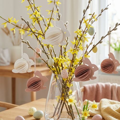 Ripustettavat hunajakennopääsiäispuput, valkoisia ja oransseja, 8 cm korkeita, 5 kpl | Floristik24.fi