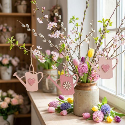 Riippuva koriste puinen kastelukannu deco pink deco ripustin 14x12cm 6kpl | Floristik24.fi