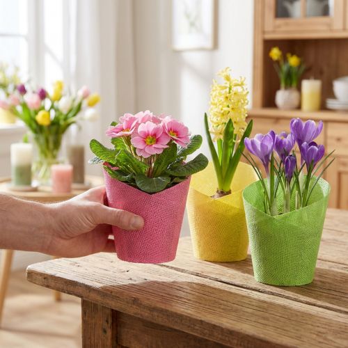 Istutuspaperi ruukku kudottu vaaleanpunainen keltainen vihreä Ø9cm K18cm 9kpl | Floristik24.fi