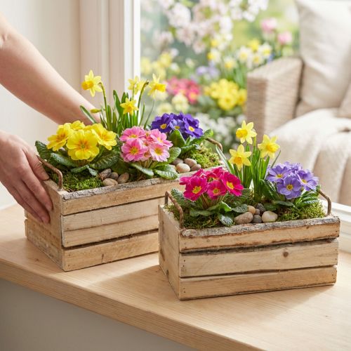 Puinen istutuslaatikko luonnonkuorella ja kahvalla, P 29cm/23cm, 2 kpl. | Floristik24.fi