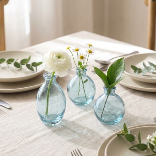 Minimaljakot, sipulimaiset koristemaljakot, lasia, sinistä sävytettyä, korkeus 12 cm, 6 kpl | Floristik24.fi