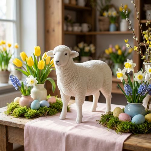 Lammas koristefiguuri pöytäkoristelu Pääsiäinen valkoinen parvi 30×28cm | Floristik24.fi