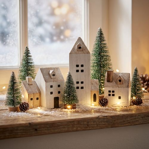 Mini Joulukylä Puinen Koristeet Valkoinen Luonnonvärinen K13/7cm 6 kpl | Floristik24.fi