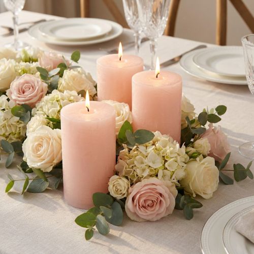 kohteita Vaaleanpunaiset pylväskynttilät 70x120 mm - 4 kpl:n setti vaaleanpunaisia koristekynttilöitä romantiikkaan ja kodikkuuteen, hääkoristeluun
