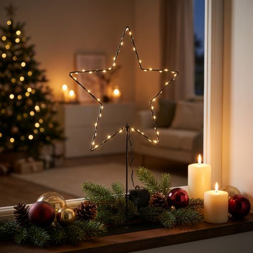 LED-tähti paristolokerolla jalustalla ikkunalaudalle ja pöydälle 46 cm | Floristik24.fi