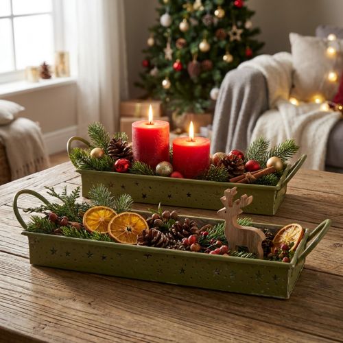Koristeellinen joulutarjotin, vihreät tähdet, 49cm/43cm, 2 kpl setti | Floristik24.fi