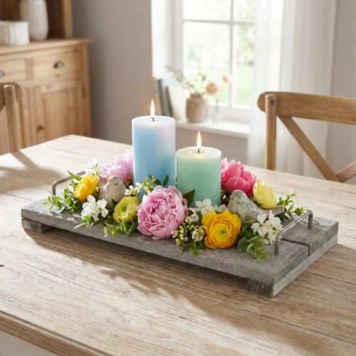 Pöytäkoriste, koristeellinen tarjotin shabby chic -tyyliin, jaloilla varustettu tarjotin, puinen koriste 40 cm | Floristik24.fi