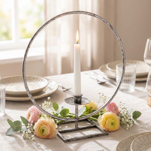 Koristesormus metallinen kynttilänjalka hopea shabby chic Ø32cm | Floristik24.fi