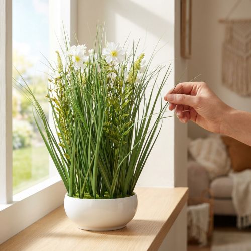Koristeinen ruoho Cosmea-kukilla kulhossa H45cm | Floristik24.fi