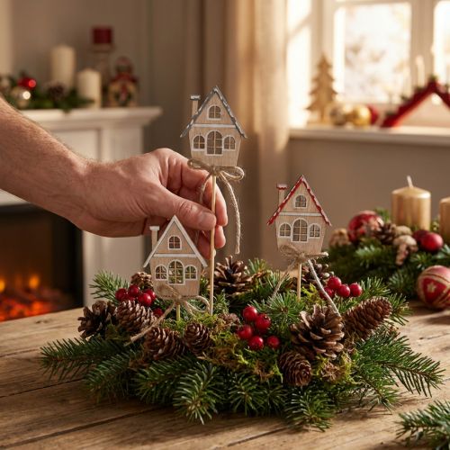 Koristetulpat Joulukoristeet talot puuta 4,5x5cm 12 kpl | Floristik24.fi