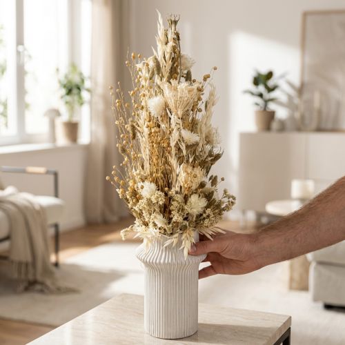 Kuivattuja kukkia, valkokultaisia koristeellisia lakkikukkia, Phalaris, 30cm, 200g | Floristik24.fi