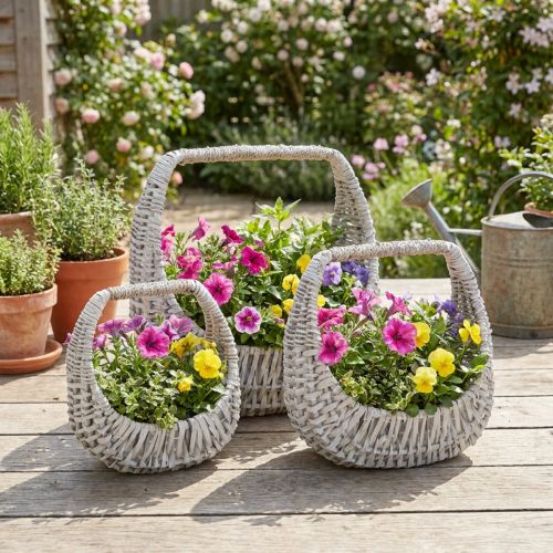 Punottu kori kahvalla, harmaaksi pesty, korkeus 43/34/27 cm, 3 kpl setti | Floristik24.fi