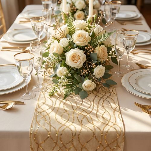 Pöytäliina beige kultaiset ketjut pöytäjalka samettia 28×270cm | Floristik24.fi