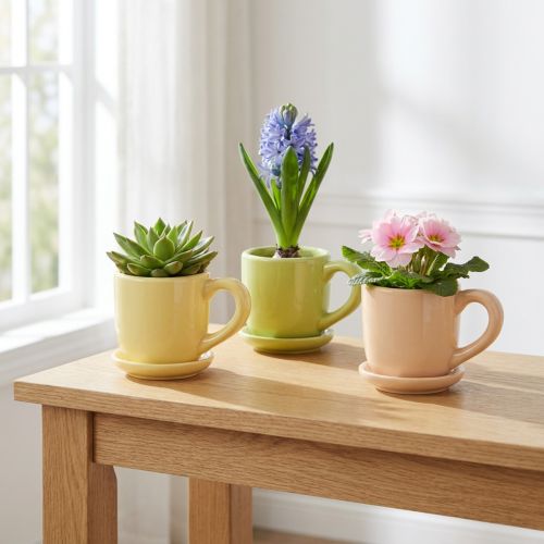 kohteita Kahvikuppi, koristeellinen pöytäkoriste tyylikkääseen huoneeseen kasveilla, 11 cm, 3 kpl