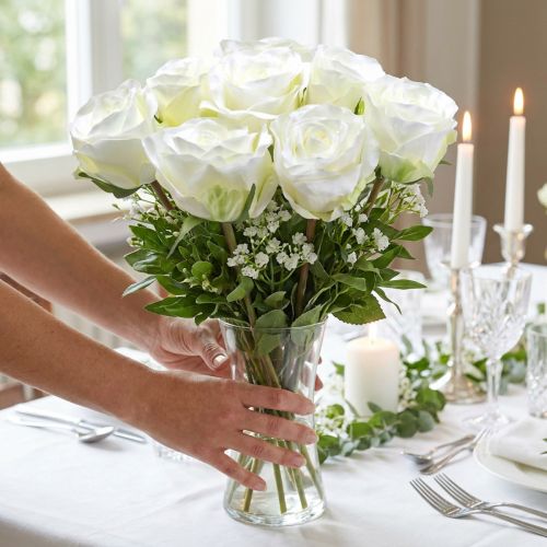 Koristeelliset ruusunsilkkikukat kermakimpussa 36cm 8 kpl | Floristik24.fi