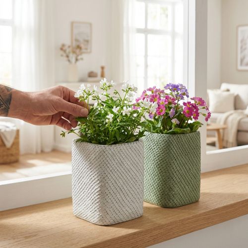 Istutuskone keraaminen valkoinen vihreä kohokuvioverkko 12x12cm K17,5cm 2kpl | Floristik24.fi