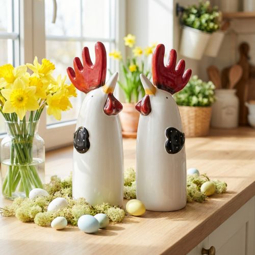 Keraaminen kukkokeittiön koristelu Chicken White H23cm 2 kpl | Floristik24.fi