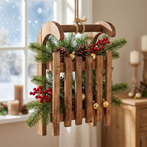 Koristeellinen reki ruskea talvikoristelu puusta 30x18x12cm | Floristik24.fi